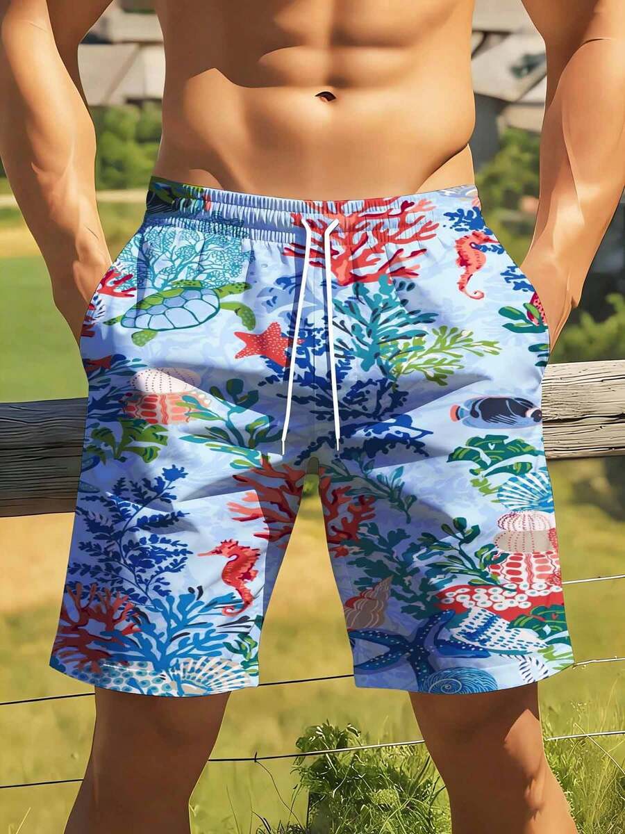 Swim Trunk Quick Dry - Mens Tropical Coral Print Swim Trunks