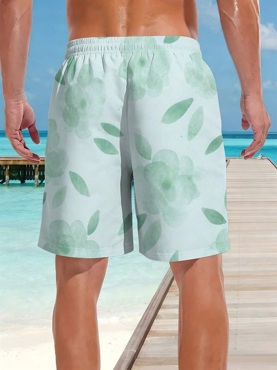 Swim Trunk Quick Dry - Mens Floral Print Beach Shorts Green