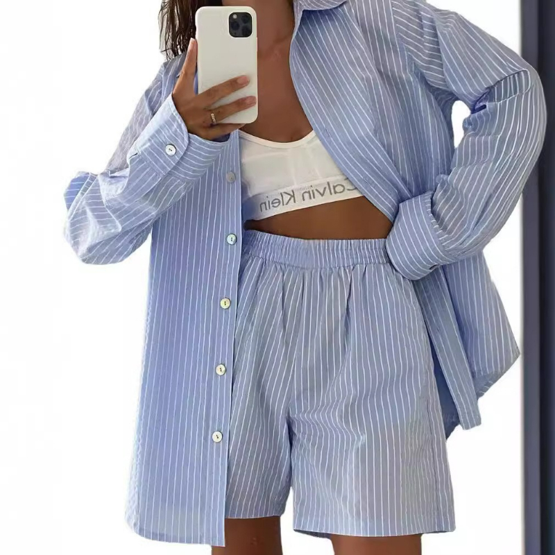Linen Shirt Breathable - Women Striped Print Two Piece Short