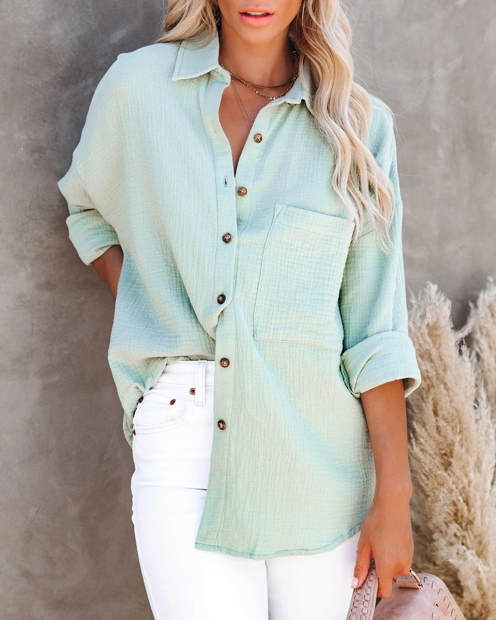 Shirt Camp Collar - Women's Long Sleeve Collared Button Down