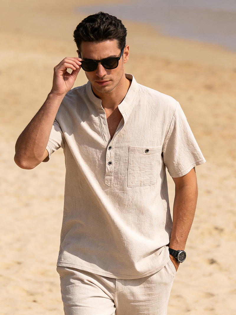 Men's Cotton Linen Henley Shir - Linen Shirt Breathable reseña y precio