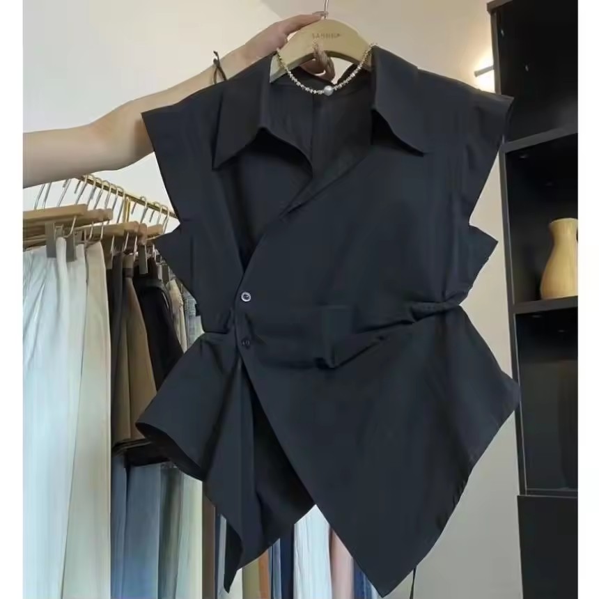 French Solid Color Pleated Irr - Shirt Camp Collar reseña y precio
