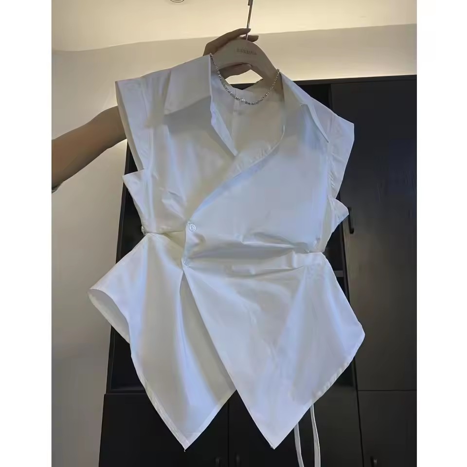 French Solid Color Pleated Irr - Shirt Camp Collar reseña y precio