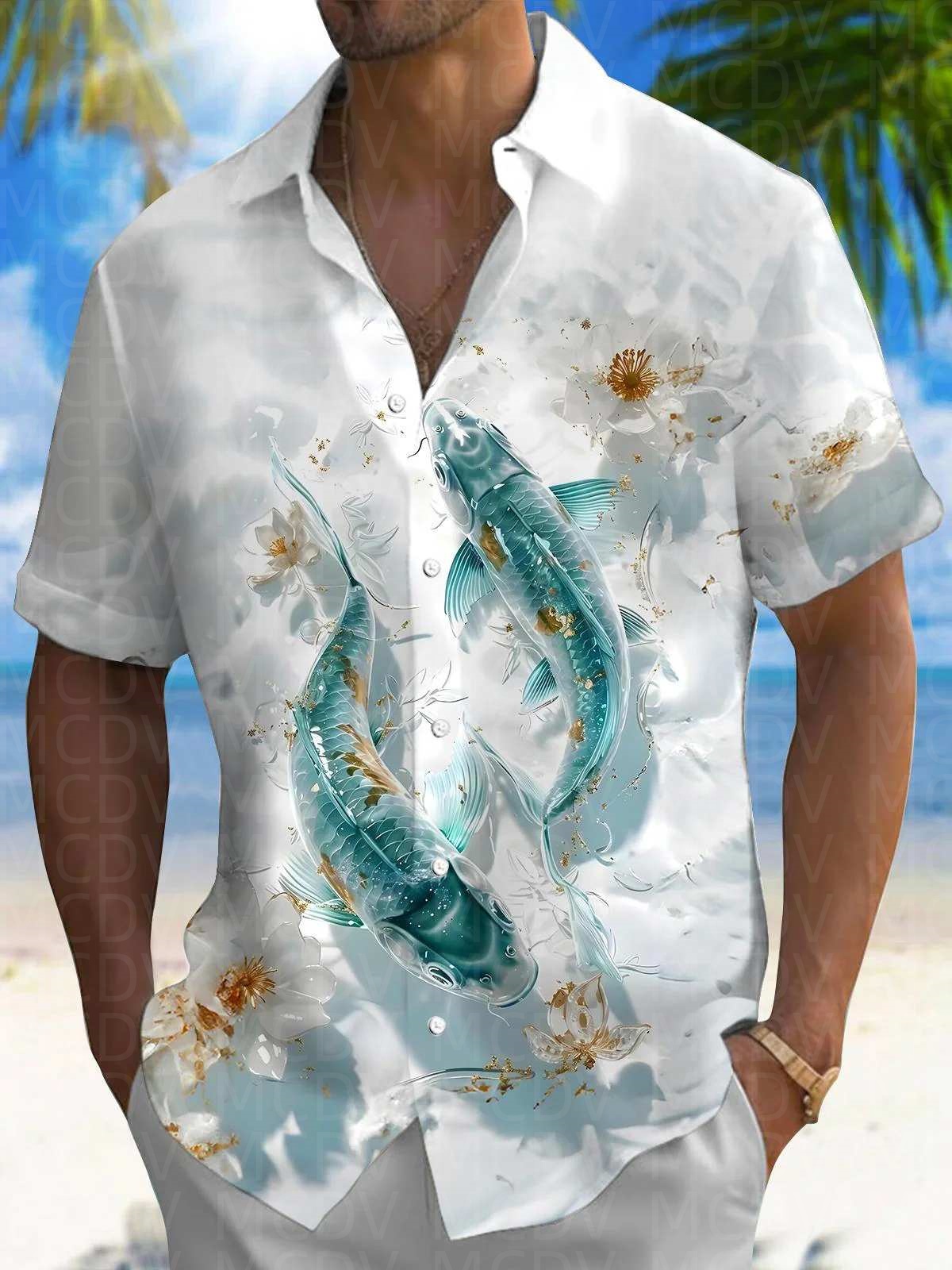 Perch Pattern Men's Hawaiian S - Shirt Camp Collar reseña y precio