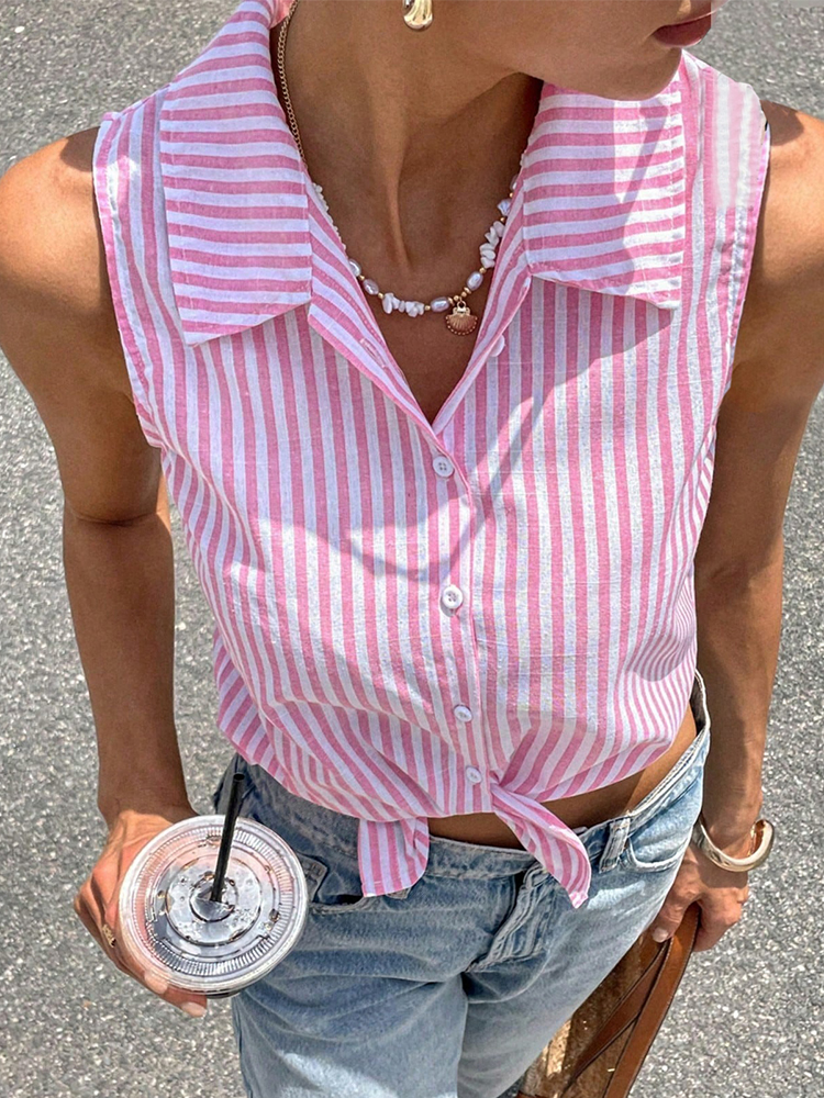 Pink White Striped Sleeveless  - Shirt Camp Collar reseña y precio