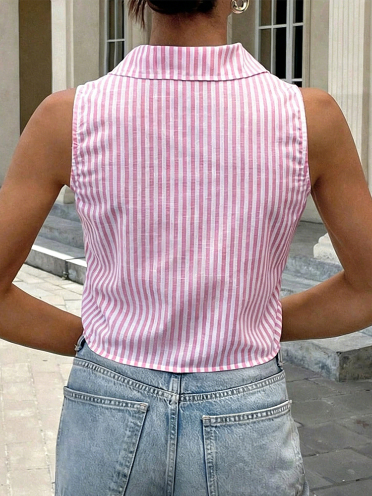 Pink White Striped Sleeveless  - Shirt Camp Collar reseña y precio