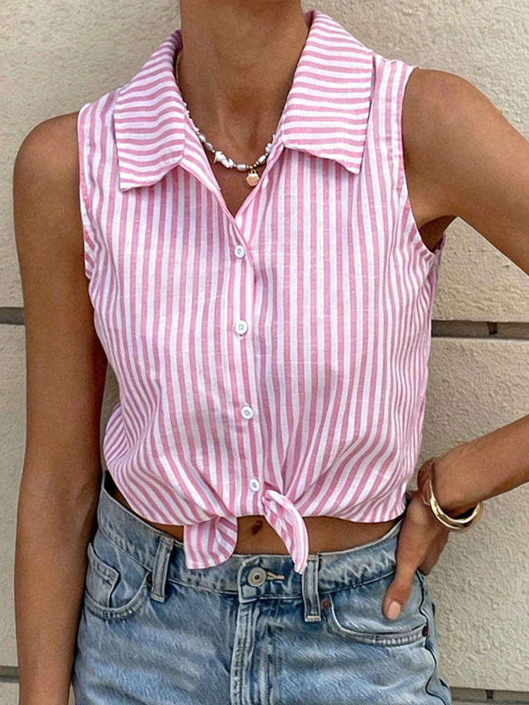 Pink White Striped Sleeveless  - Shirt Camp Collar reseña y precio