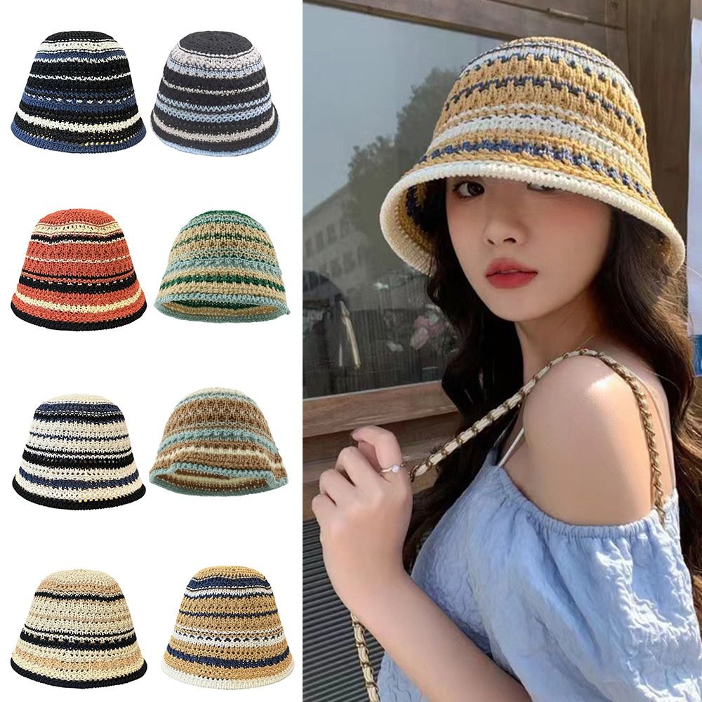 Striped Knitted Hollow Fisherm - Bucket Hat Straw reseña y precio
