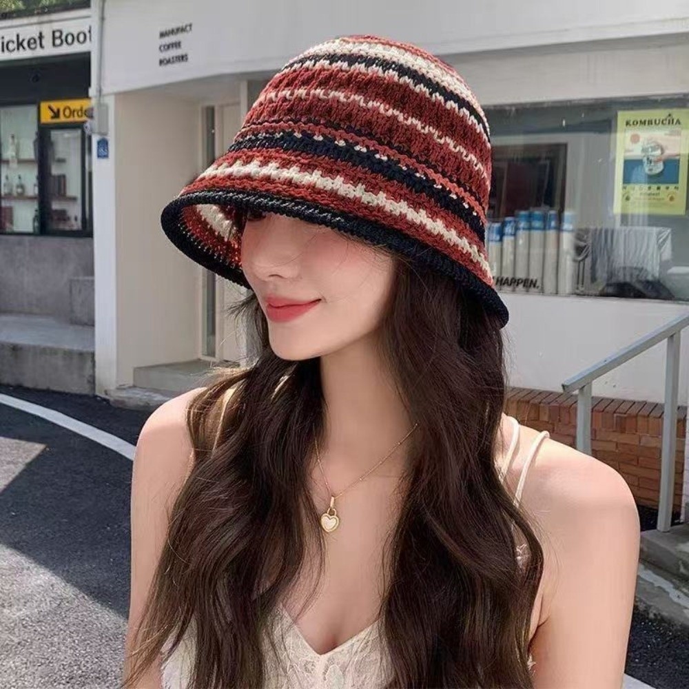 Striped Knitted Hollow Fisherm - Bucket Hat Straw reseña y precio