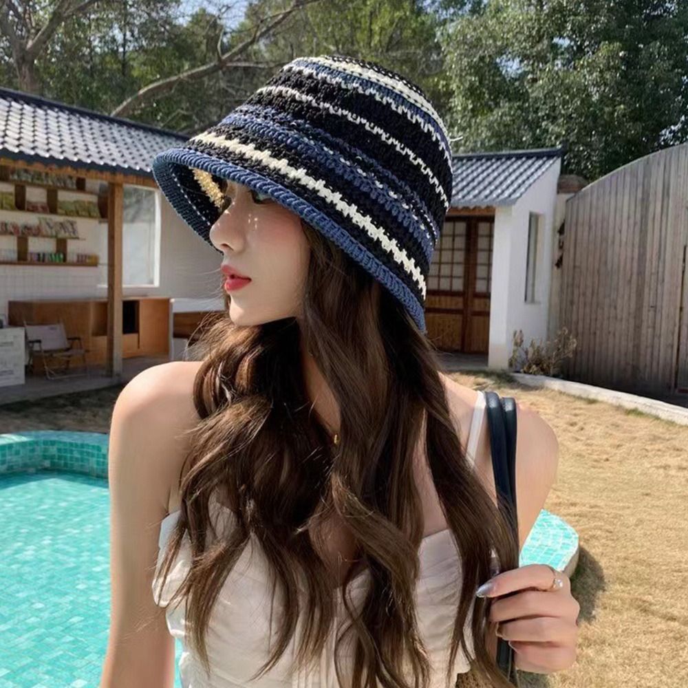 Striped Knitted Hollow Fisherm - Bucket Hat Straw reseña y precio