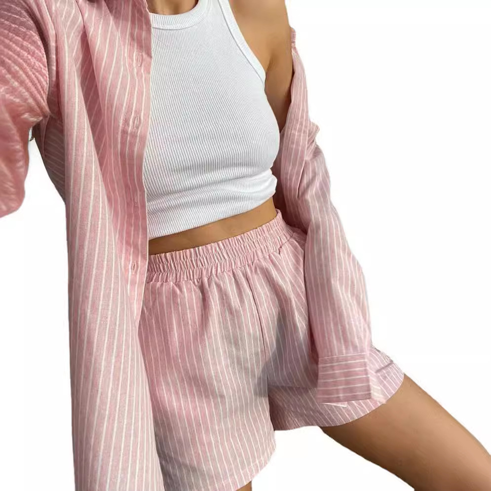 Women Striped Print Two Piece  - Linen Shirt Breathable reseña y precio