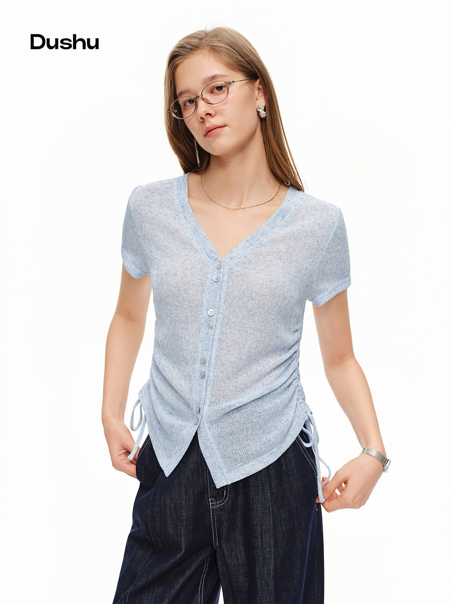 DUSHU Lightweight V-neck Linen - Short Linen Drawstring reseña y precio