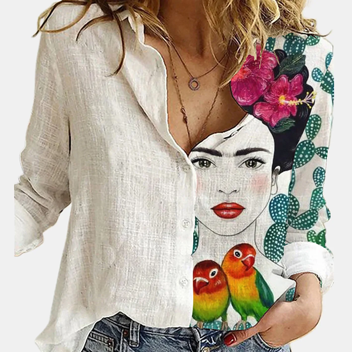 Women Spring And Autumn Long S - Shirt Camp Collar reseña y precio