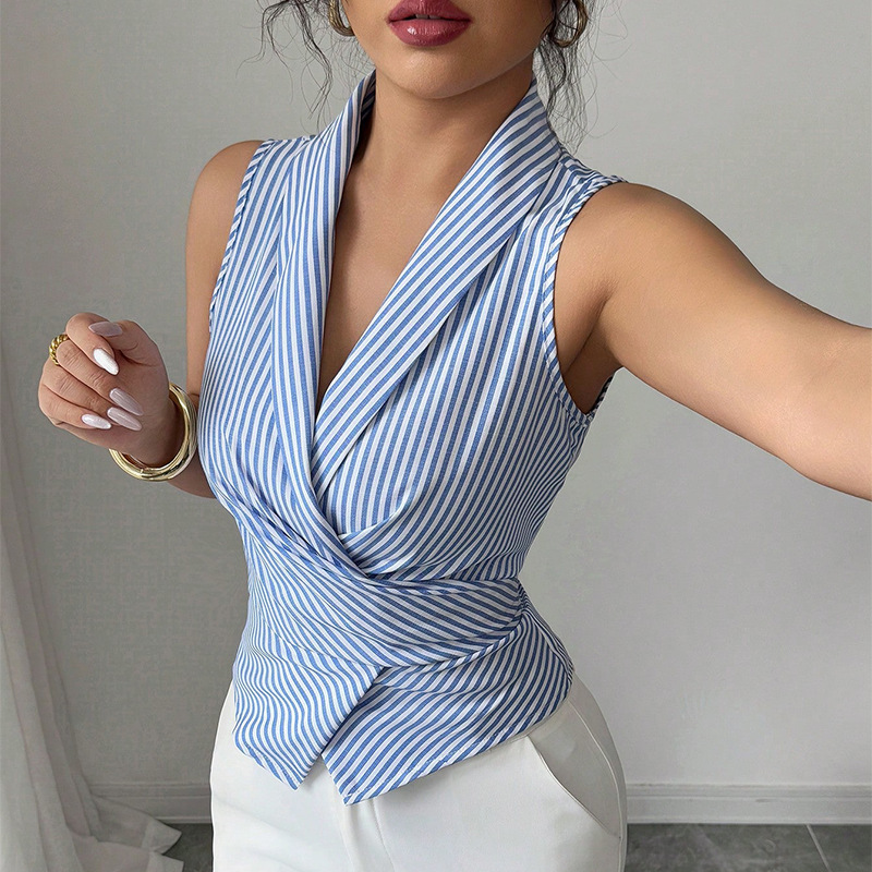 Blue Striped Sleeveless Shirt  - Shirt Camp Collar reseña y precio